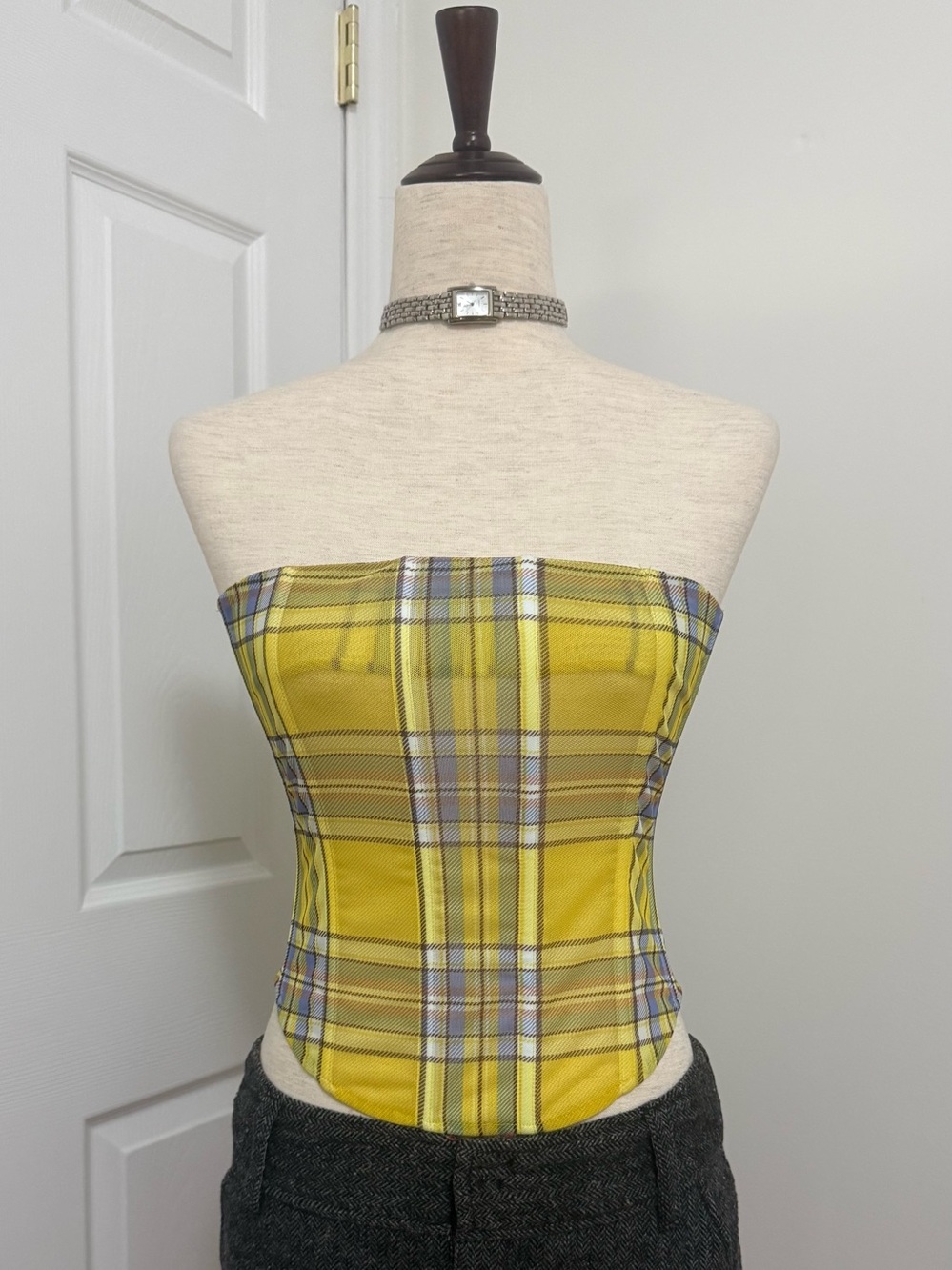 Miaou Peri Dion Plaid Yellow Strapless Corset Top